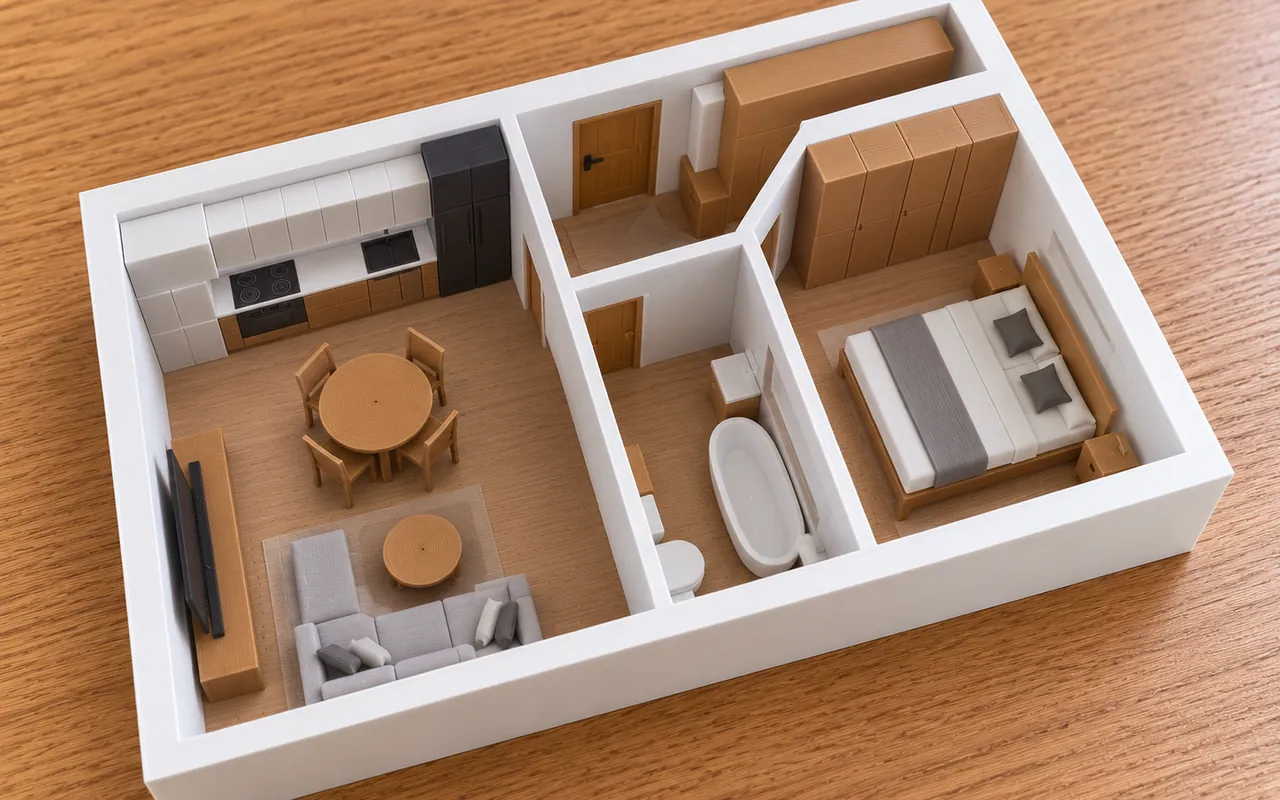 Detailed architectural scale model of a furnished apartment interior