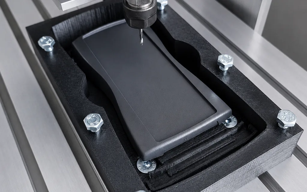 CNC spindle positioned over a custom black fixture holding a prototype part