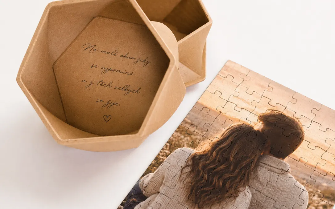 Personalized wooden keepsake box beside a printed photograph