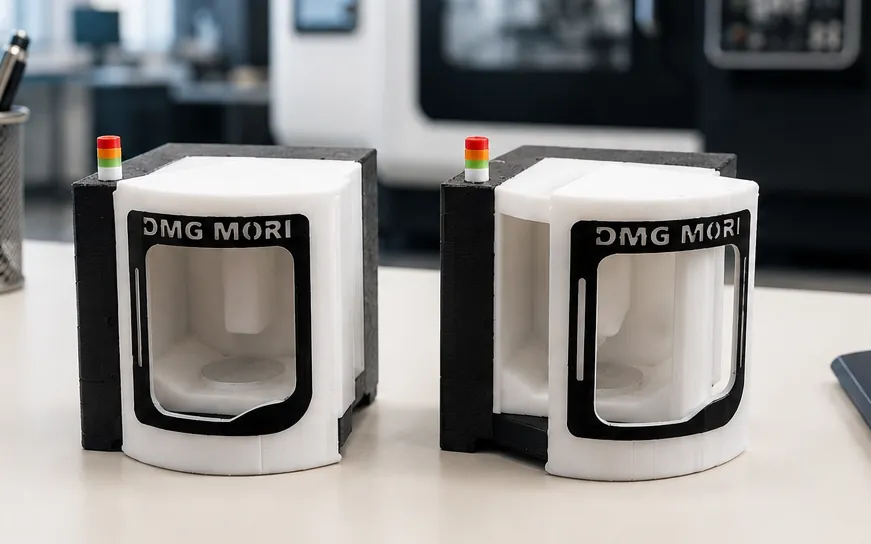 Two small 3D-printed machine enclosure models on a workbench
