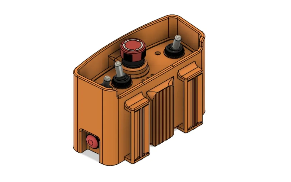 CAD rendering of an orange control enclosure with switches and an emergency stop